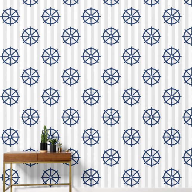 Papel Pintado Grises Stripes Nautical Coastal Navy Wheel Helm (Pasillo)