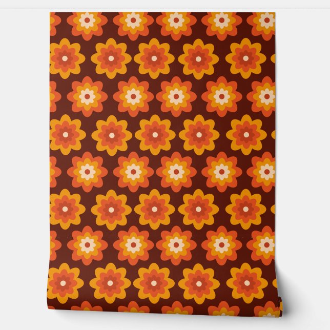 Papel Pintado Groovy Retro 70 Boho Hippie Naranja Patrón de flor (Desenrollar)