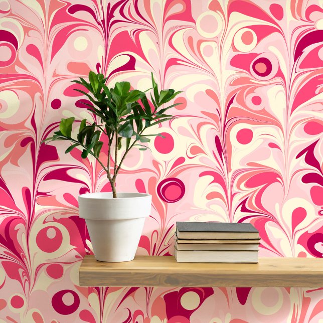 Papel Pintado Groovy Retro Marbble Pink (Fun retro marbled pink peel and stick art wallpaper)