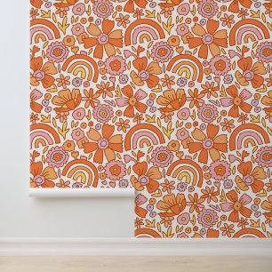 Papel Pintado Groovy Retro Naranja Florals