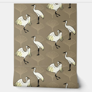 Papel Pintado Grullas asiáticas y Gingko Biloba dejan Sepia