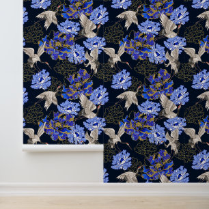 Papel Pintado Grullas Blancas Japonesas Crisantemo Azul Dorado