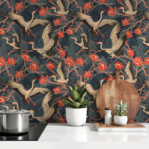 Papel Pintado Grullas elegantes y flores rojas