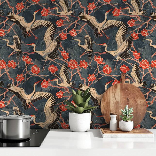 Papel Pintado Grullas elegantes y flores rojas (Subido por el creador)