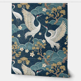 Papel Pintado Grullas Japonesas sobre Azul Marino