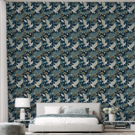 Papel Pintado Grullas Japonesas sobre Azul Marino