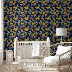 Papel Pintado Guardería de bebé niño dinosaurio azul oscuro desp