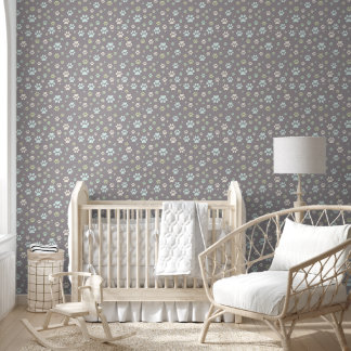 Papel Pintado Guardería Moderna con Huella de Pata Gris y Menta