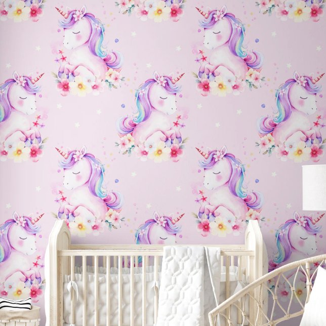 Papel Pintado Habitación acuarela de unicornio morado rosa (Watercolor Cute Unicorn Pink Purple Nursery Room Wallpaper)
