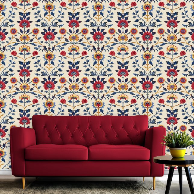 Papel Pintado Habitación anticuada de motivos florales indios de (Antique Colorful Indian Floral Motif Pattern Room Wallpaper)