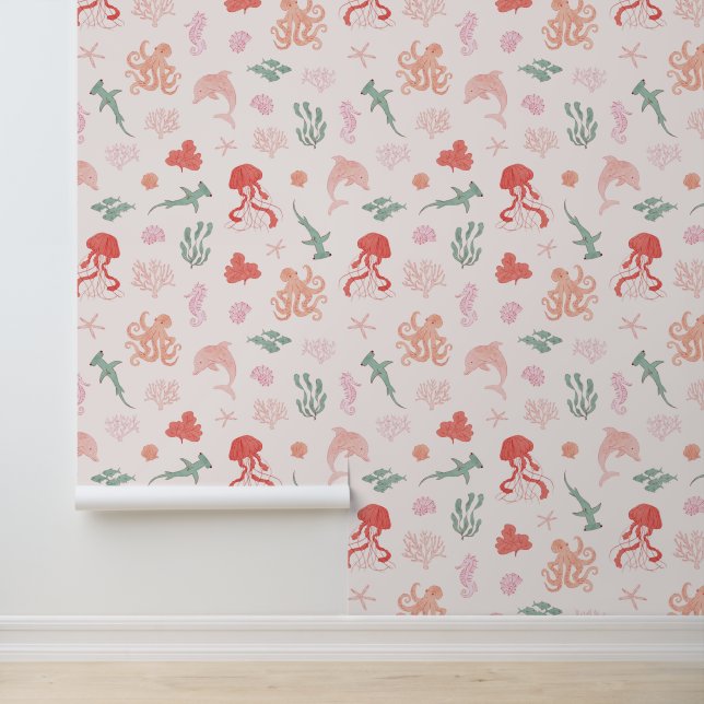Papel Pintado Habitación Chica De Criaturas Del Océano Rosa (Solicitud)