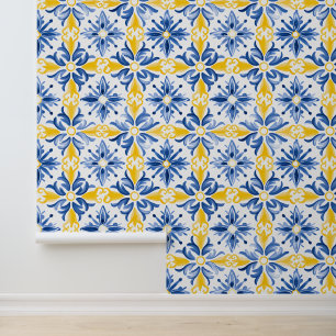 Papel Pintado Habitación de baldosas de patrón mediterráneo azul