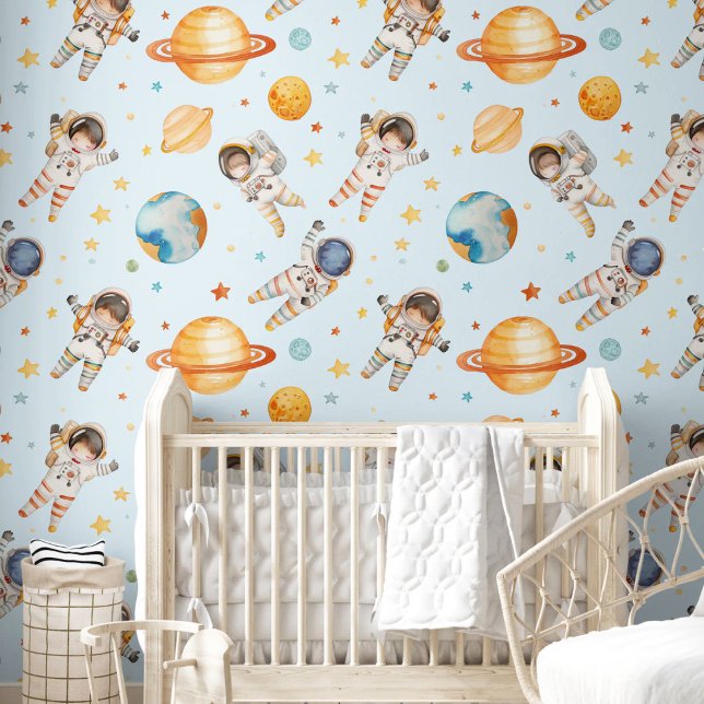 Papel Pintado Habitación de guardería astronauta de Cute Waterco (Cute Watercolor Explorer Astronaut Nursery Room Wallpaper)