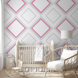 Papel Pintado Habitación de niñas grande diamantes rosados y gri