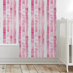 Papel Pintado Habitación infantil de rayas rosadas en acuarela