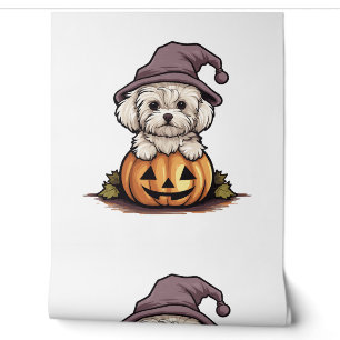 Papel Pintado Halloween Gorra de brujas Calabaza Perro Maltés