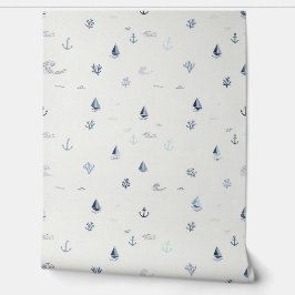Papel Pintado Hand-Drawn Nautical Sailboats Anchor Coastal Blue 