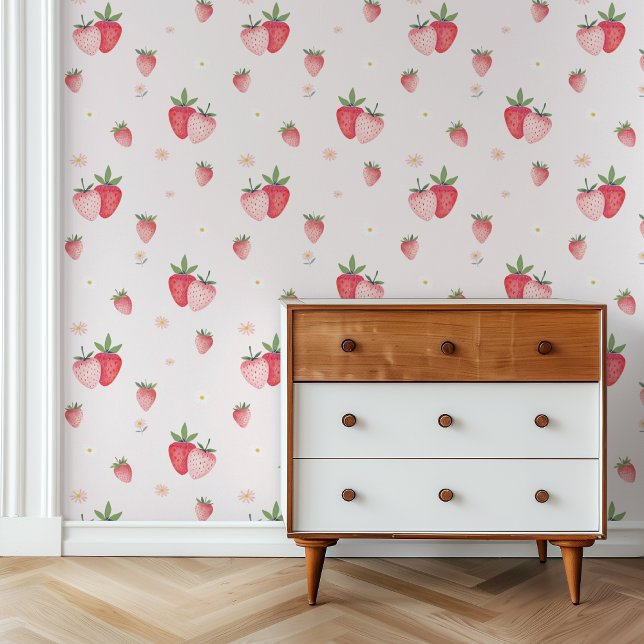 Papel Pintado HEIDI Cute Rosa Boho Fresa Bebé Niña Nursera (HEIDI Cute Pink Boho Strawberry Baby Girl Nursery Wallpaper)