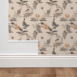 Papel Pintado Helechos Marrones Neuronales y Pájaros