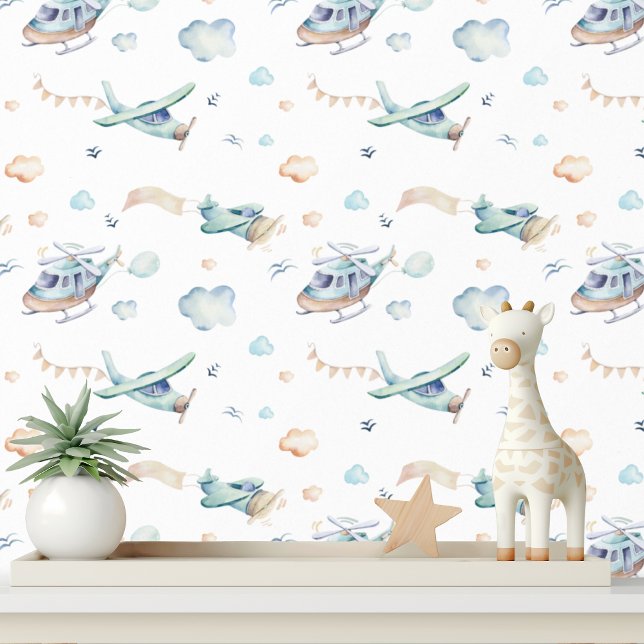 Papel Pintado Helicópteros Cute Watercolor Planes Nubes Niños (Subido por el creador)