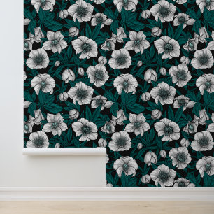 Papel Pintado Hellebores blancos con hojas azules