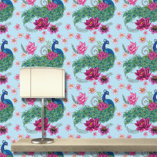 Papel Pintado Henna de flor de Lotus azul Peacock