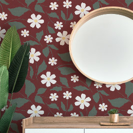 Papel Pintado Herencia Moderna Floral Daisy Rojo Oscuro y Verde