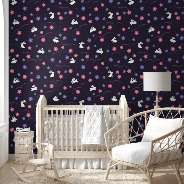 Papel Pintado Hermano blanco y flores en un patrón morado (Niños)