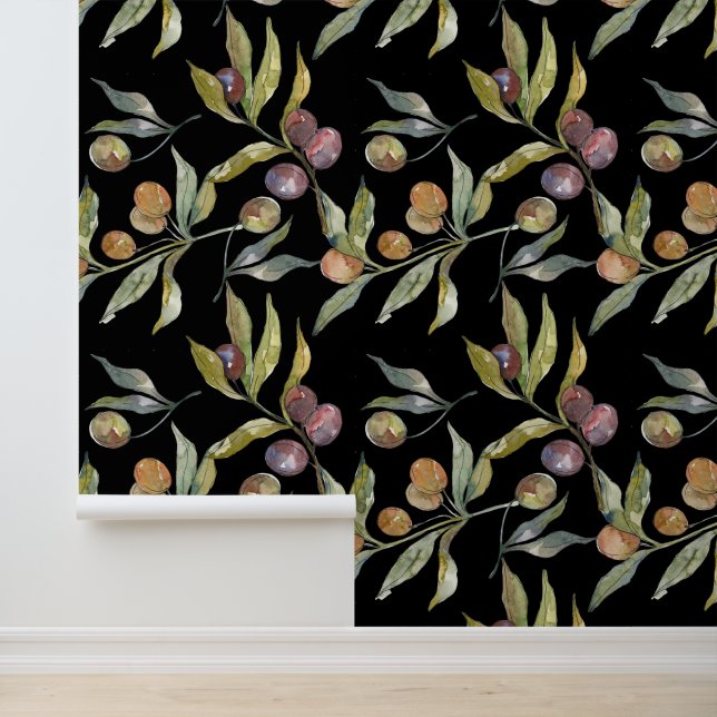 Papel Pintado Hermosa acuarela Patrón de aceitunas italiano negr (Solicitud)