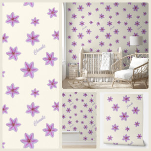 Papel Pintado Hermosa Crema Floral Lilac Rosa Clematis Floral