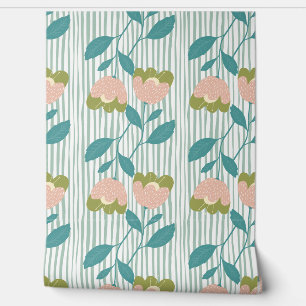 Papel Pintado Hermosa floral con rayas Color del fondo azul puro