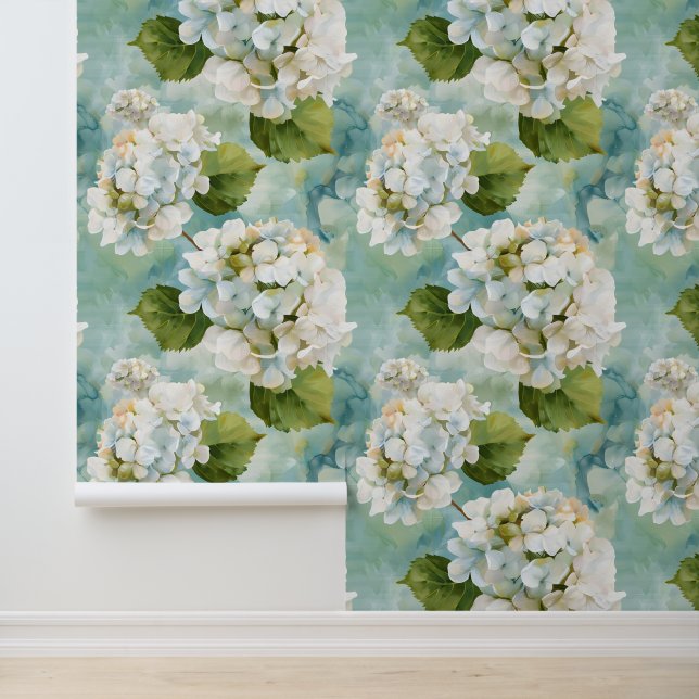 Papel Pintado Hermosa hidrangea blanca en azul (Solicitud)