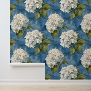 Papel Pintado Hermosa hidrangea blanca en azul
