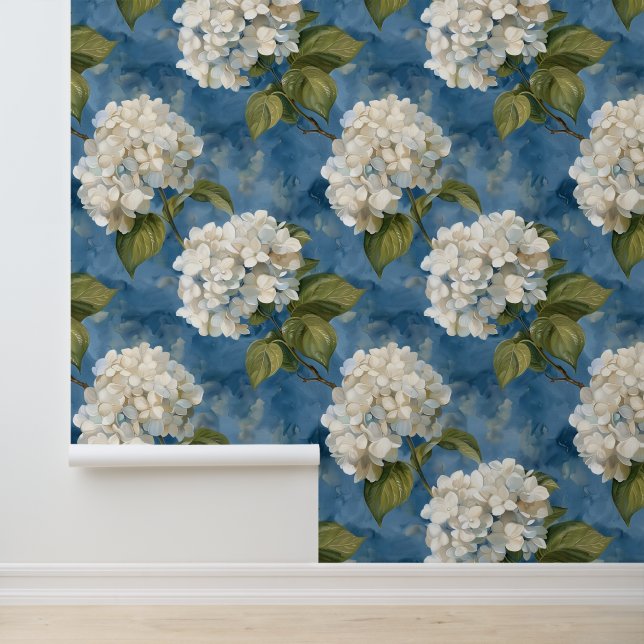 Papel Pintado Hermosa hidrangea blanca en azul (Solicitud)
