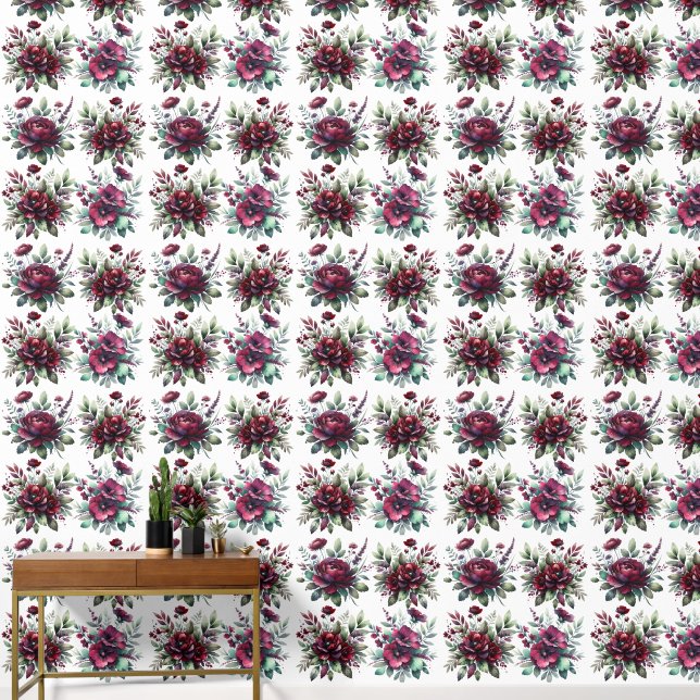 Papel Pintado Hermosas flores de Borgoña con hojas verdes (Pasillo)