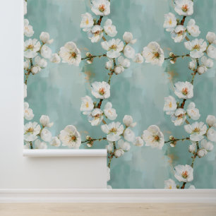 Papel Pintado Hermosas flores de cerezo en verde azul