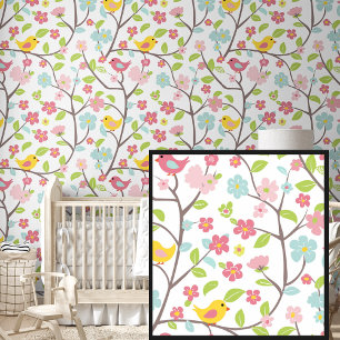 Papel Pintado Hermosas flores de primavera pájaros rosa verde am