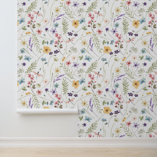 Papel Pintado Hermosas flores silvestres Dragonflies Floral