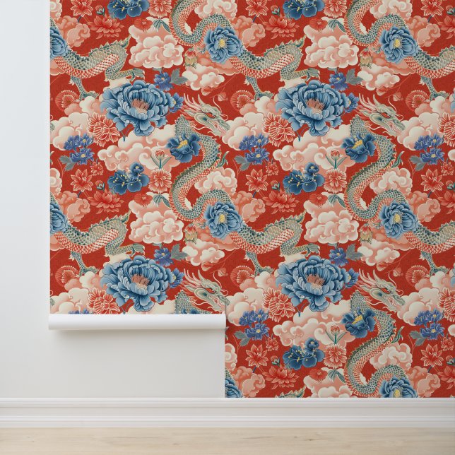Papel Pintado Hermoso Dragón japonés rojo floral elegante (Solicitud)