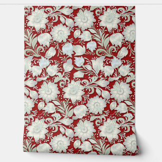 Papel Pintado Hermoso ornamento floral blanco sobre fondo rojo