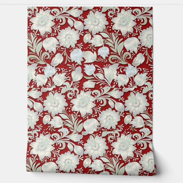 Papel Pintado Hermoso ornamento floral blanco sobre fondo rojo (Desenrollar)
