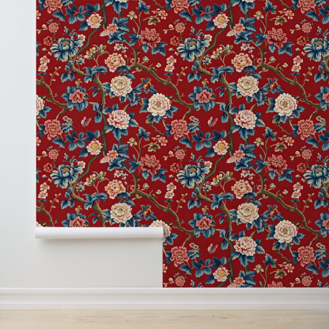Papel Pintado Hermoso Rojo Floral Elegante (Solicitud)