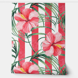 Papel Pintado Hibisco Tropical Franjas Rojas