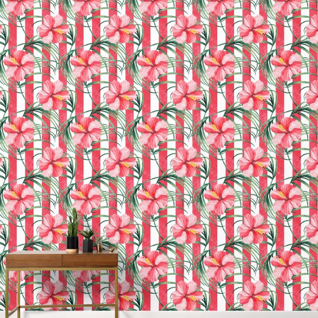 Papel Pintado Hibisco Tropical Franjas Rojas (Pasillo)