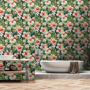 Papel Pintado Hibisco verde y rosa Bosque tropical