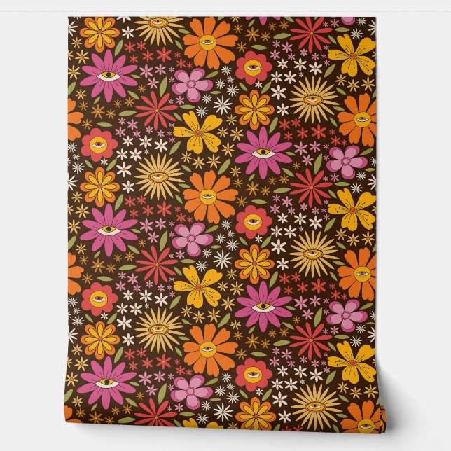 Papel Pintado Hippie Psychedelic 70 Groovy Flores Ojos Patrón (Desenrollar)