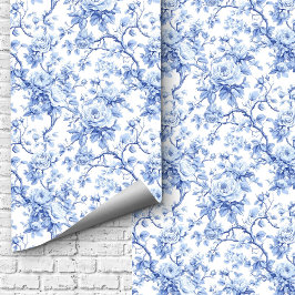Papel Pintado Hit Traditional Blue Toile Roses Floral Wallpaper