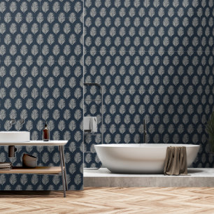 Papel Pintado Hoja de Palma Azul Marino y Crema
