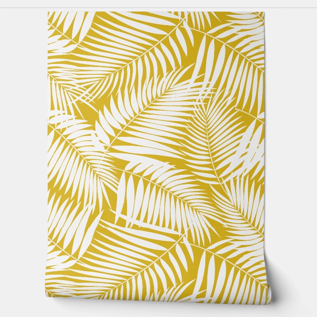 Papel Pintado Hoja tropical hawaiana de Kona Palms - Oro azufre (Desenrollar)