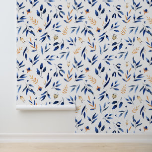 Papel Pintado Hojas azul y amarilla en patrones botánicos sin fi